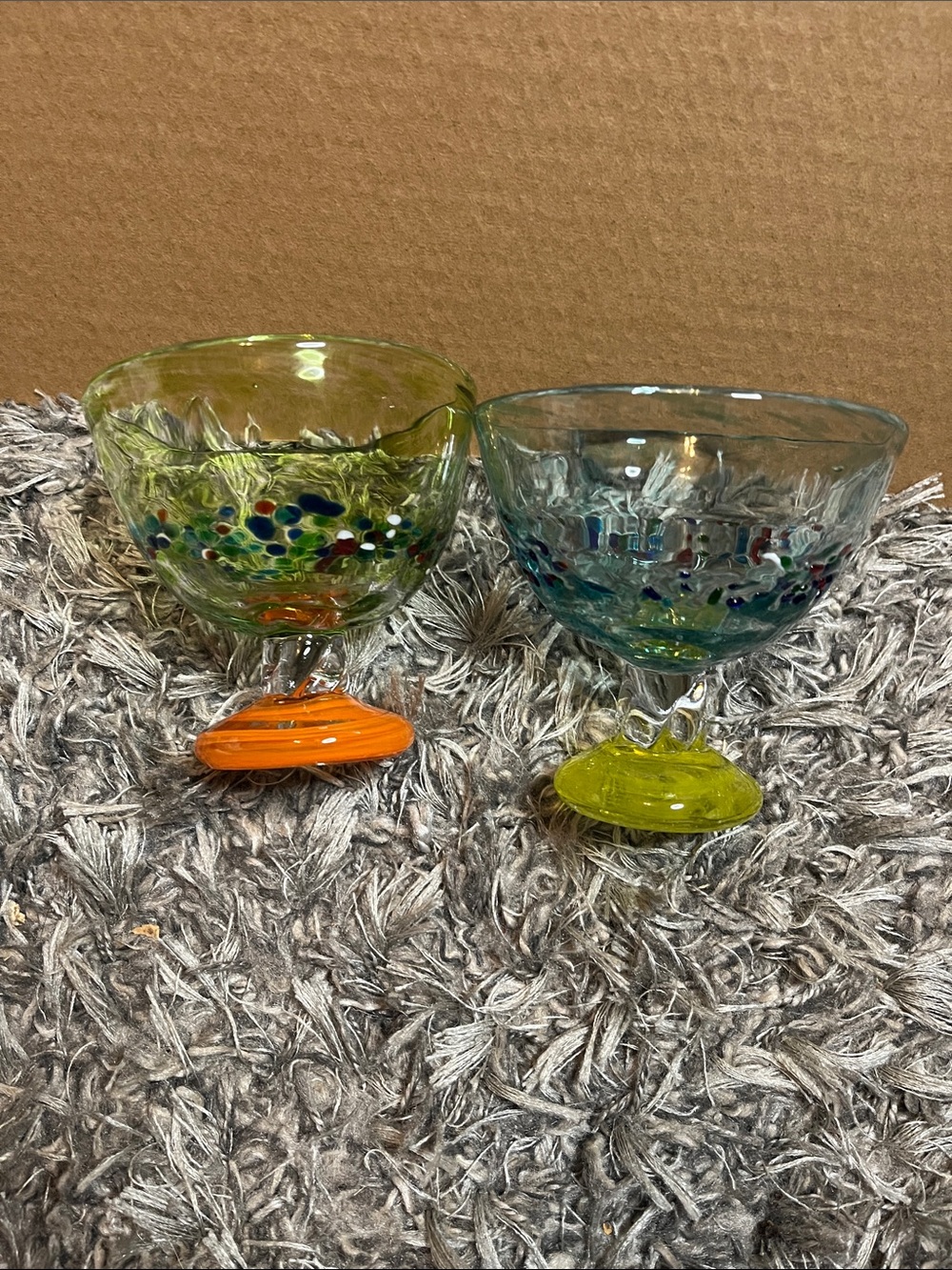 Handblown Glass Dessert Bowls — Green & Aqua with Orange and Chartreuse Bases